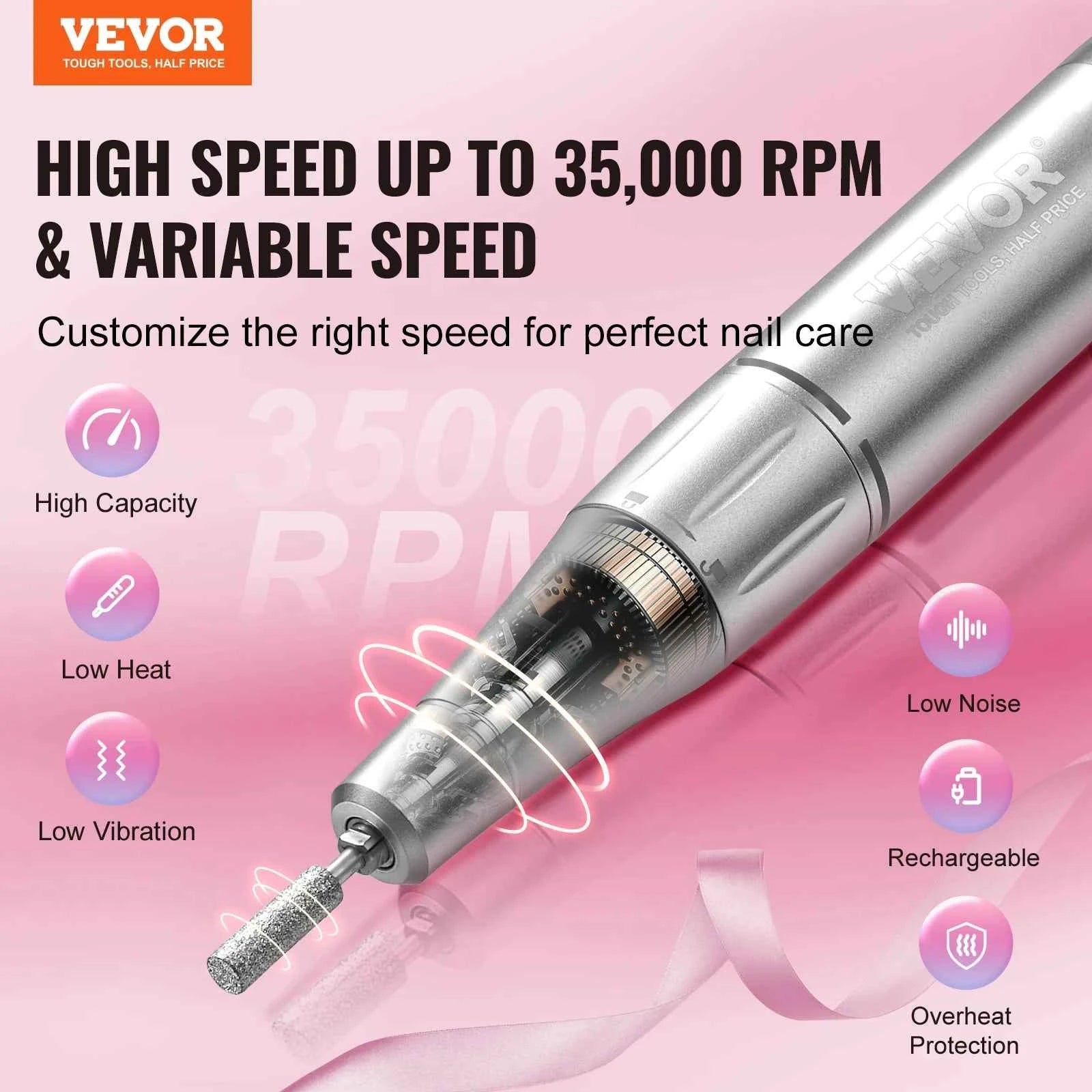 VEVOR Electric Rechargeable Nail Drill 35000/4000RPM Portable Cordless Nail E File Machine for Manicure Pedicure Carve Polish