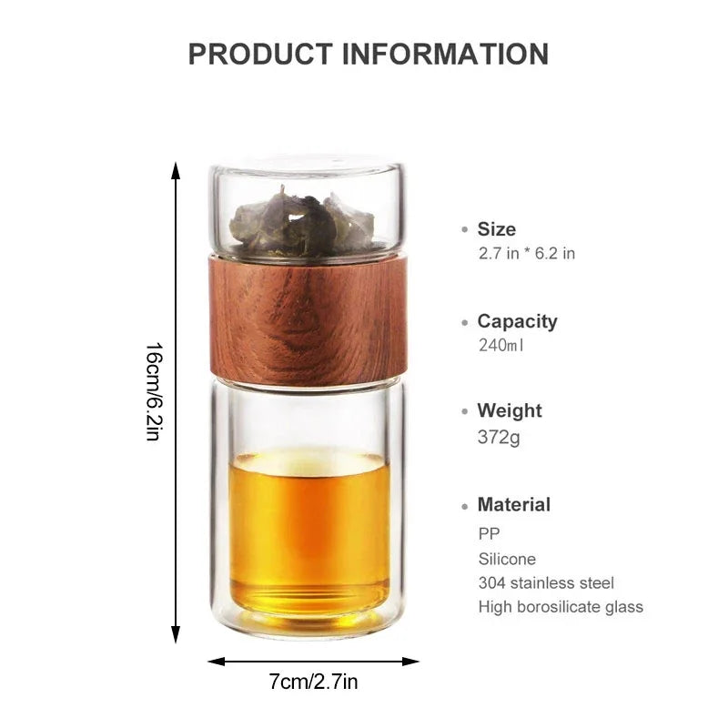 Double Wall Glass Tea Infuser Bottle, 240 ml, with Steel Filter