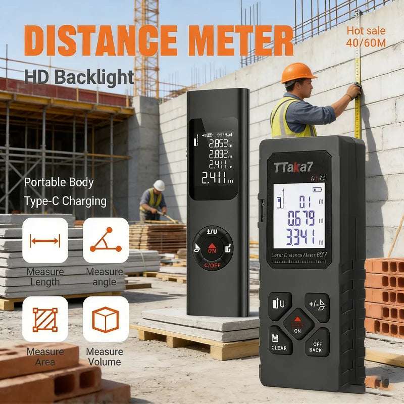 Laser Distance Meter, 40 m or 60 m, Rechargeable