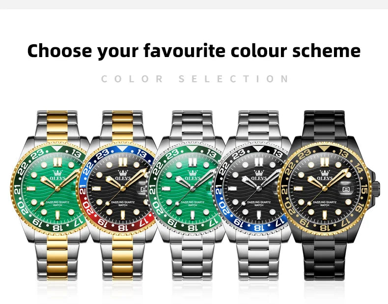 OLEVS New Quartz Watch for Men Stainlss Steel Strap Diving Series Colorful Bezel Fashion Luxury Brand Original Men's Wristwatch