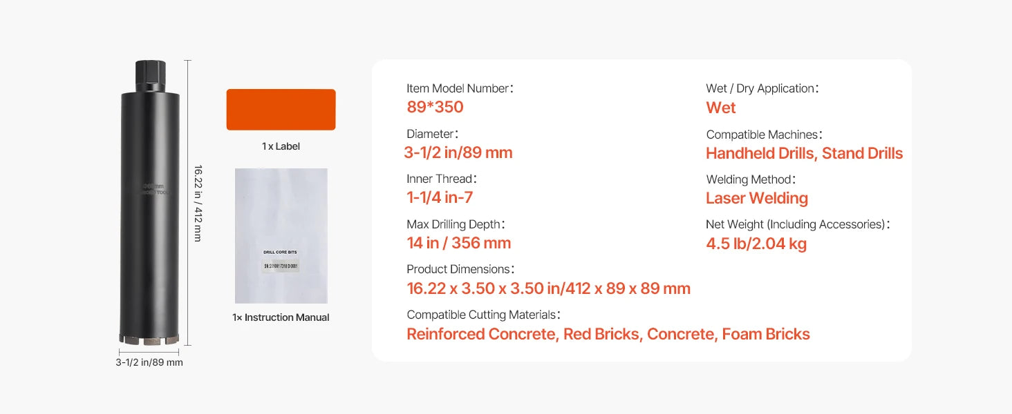 Diamond Core Drill Bit with Adapters for Concrete & Brick Drilling