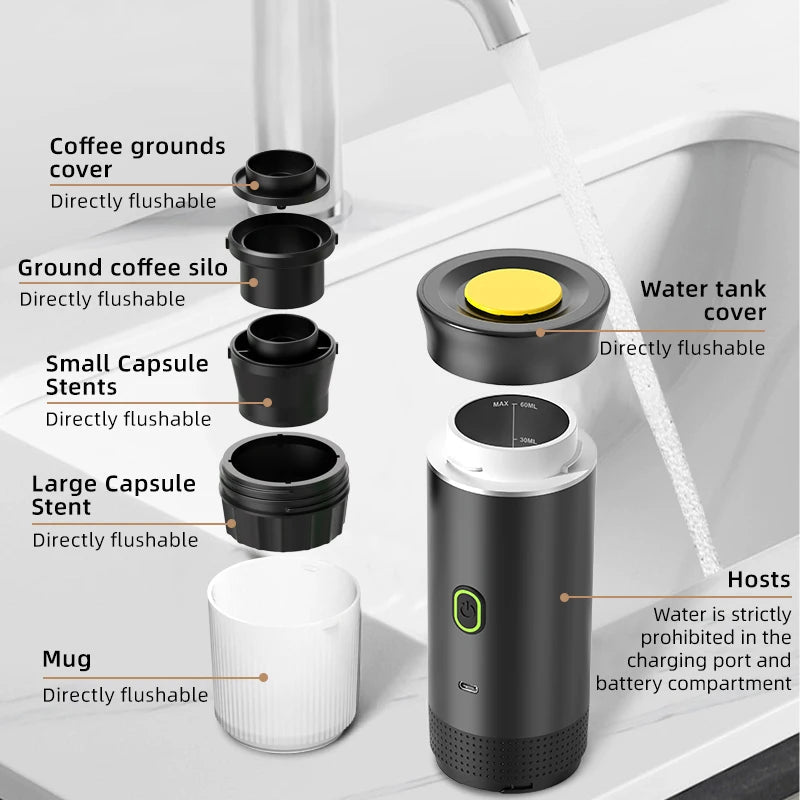 Portable Rechargeable Espresso Maker for Capsules & Ground Coffee