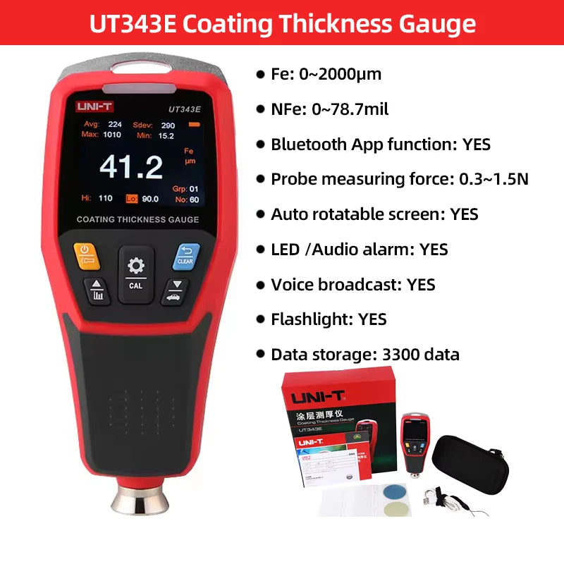 UNI-T UT343D Coating Thickness Gauge 0.1 Micron/0-1250um Automotive Paint Film Thickness Tester To Measure FE/NFE Paint Tools