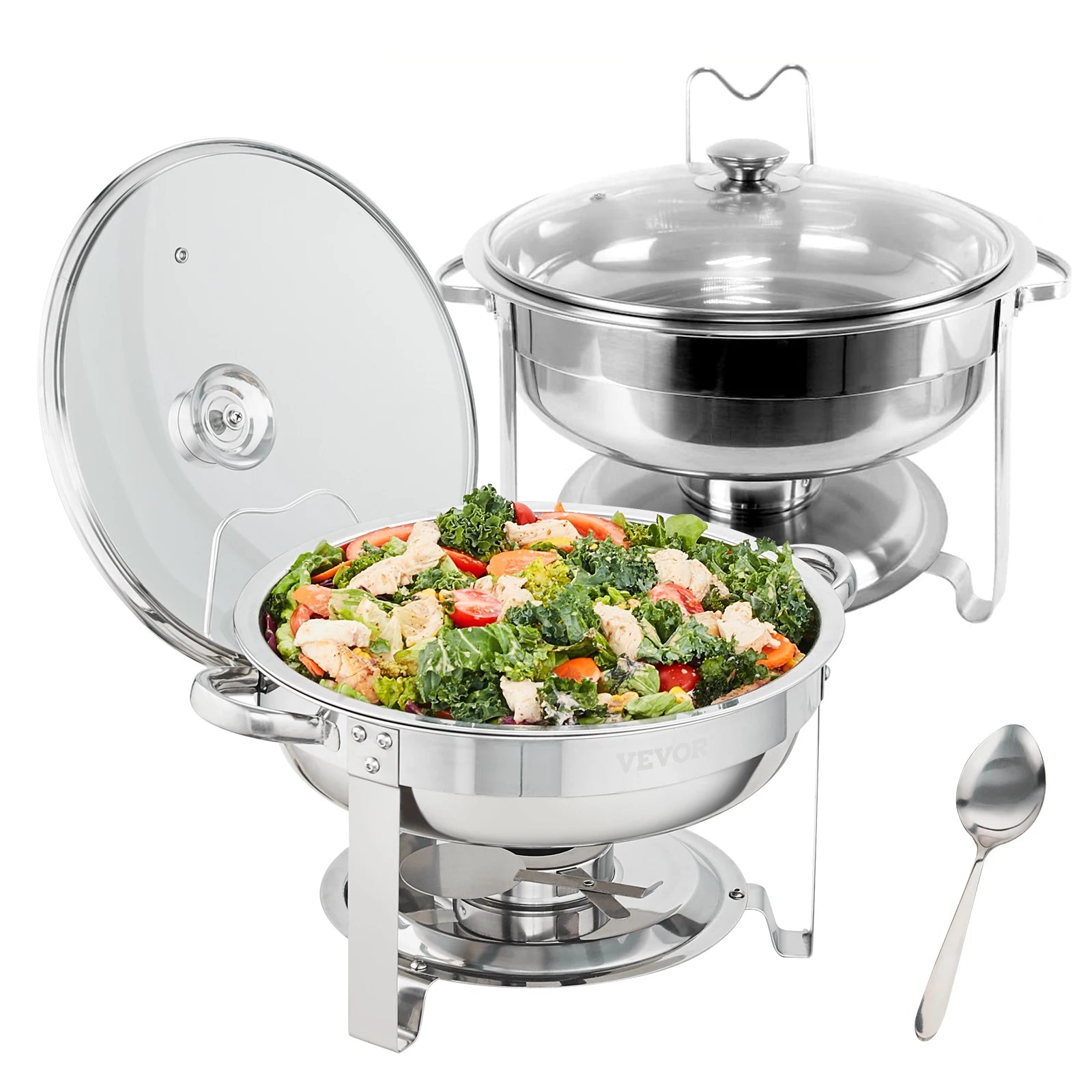 4 Qt Round Chafing Dish Buffet Set with Glass Lid (2 Pack)