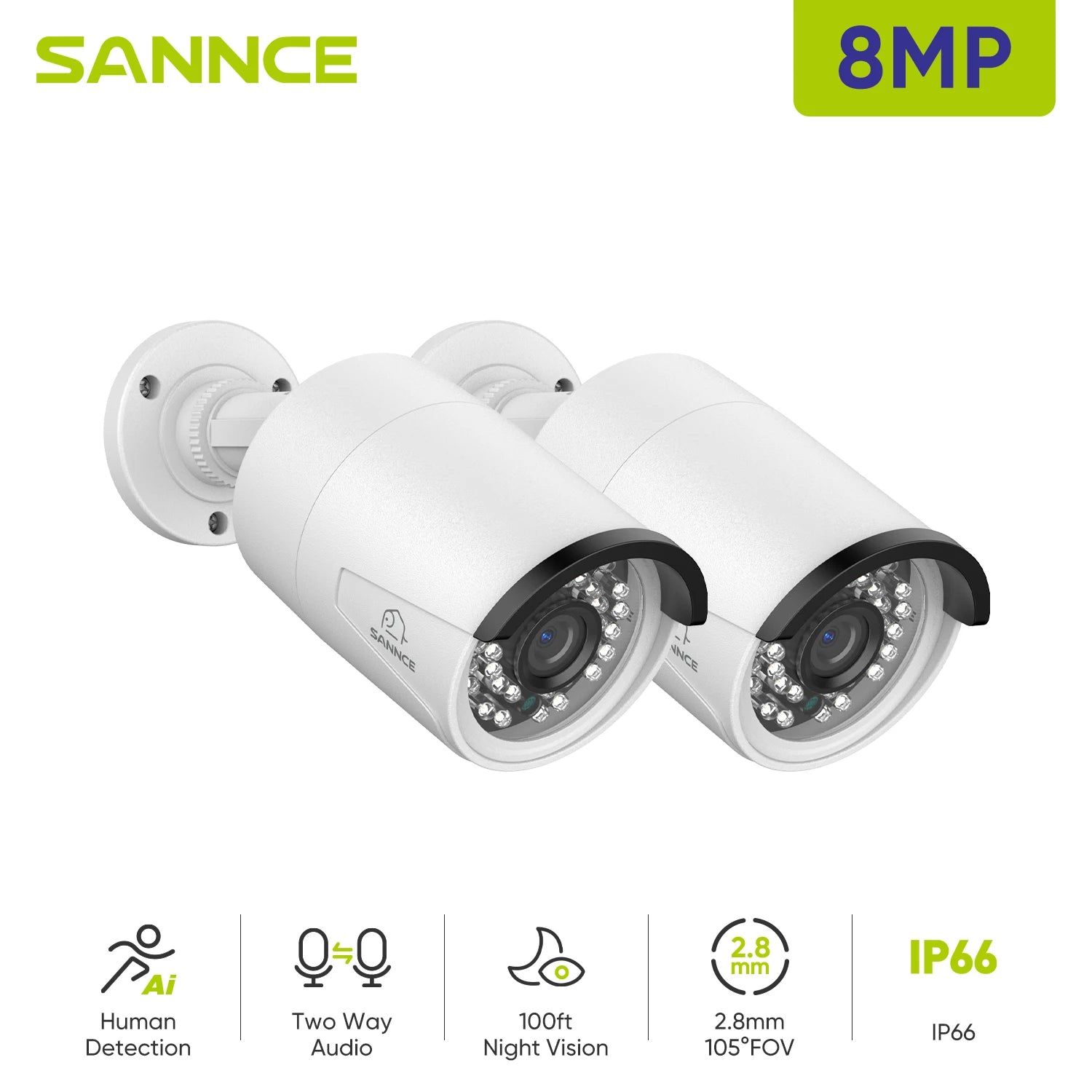 2-Pack PoE Outdoor Security Camera, 8MP Night Vision, IP66