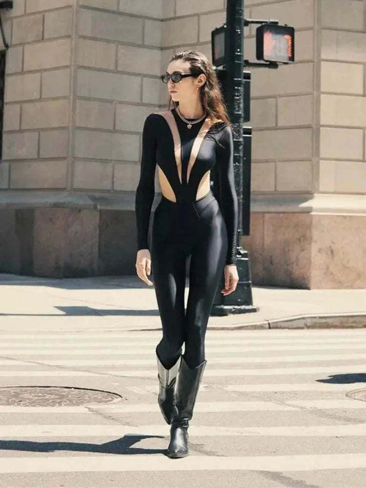 Vrouwen lange mouwen mesh-paneel jumpsuit