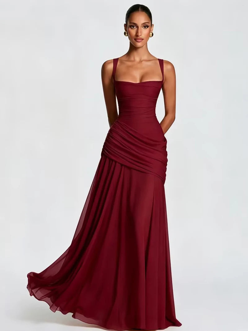 Women’s Elegant Ruched Backless Maxi Dress with Square Neck