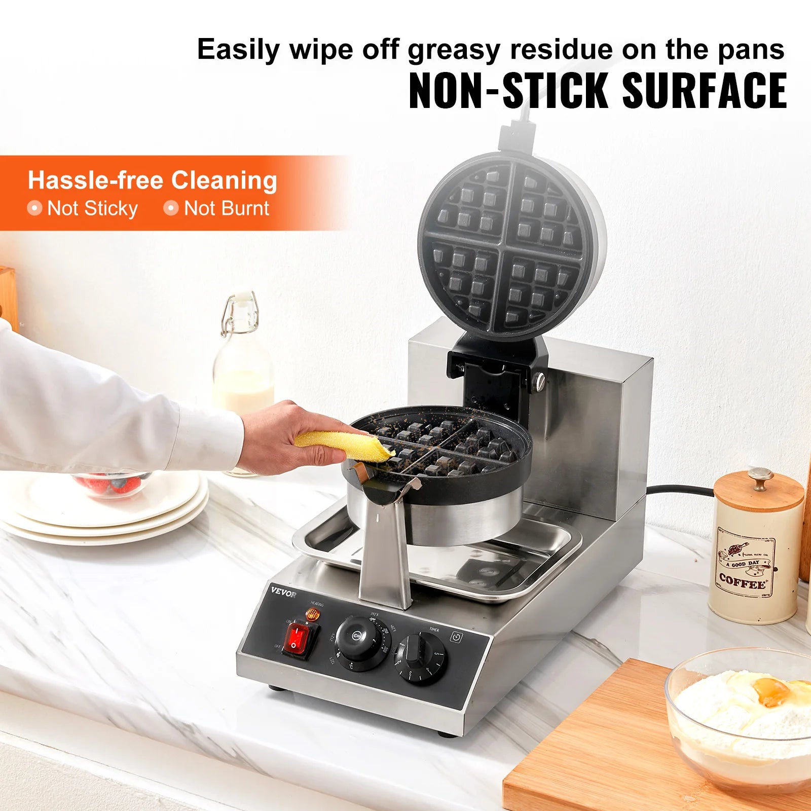 Electric Round Waffle Maker 1300W Non-Stick Stainless Steel Iron