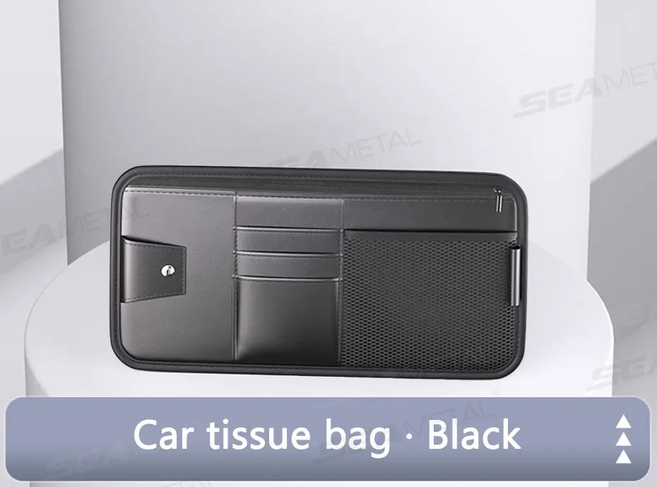 SEAMETAL 9 in 1 Sun Visor Organizer for Car PU Leather Zipper Storage Bag Net Pouch Auto Storage Pocket with Glasses/Card Holder