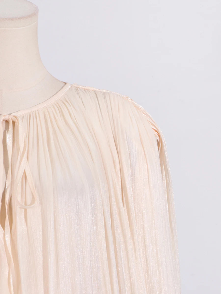 GALCAUR Solid Loose Splicd Lace Up Dresses For Women V Neck Long Sleeves Patchwork Ruffles Tunic Dreses Female Fashio New