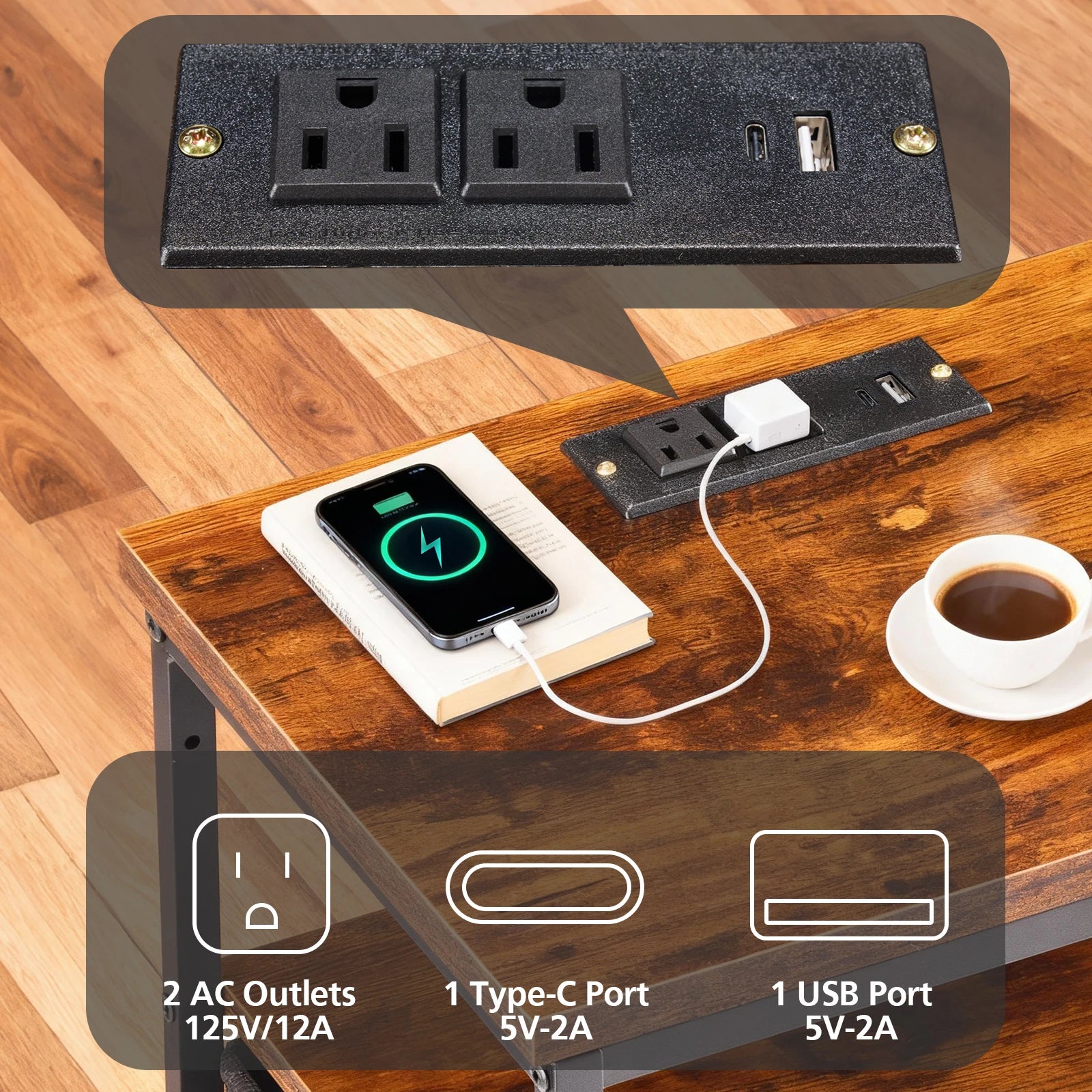 Meuble d'angle avec tiroirs, ports USB, prises électriques et éclairage LED