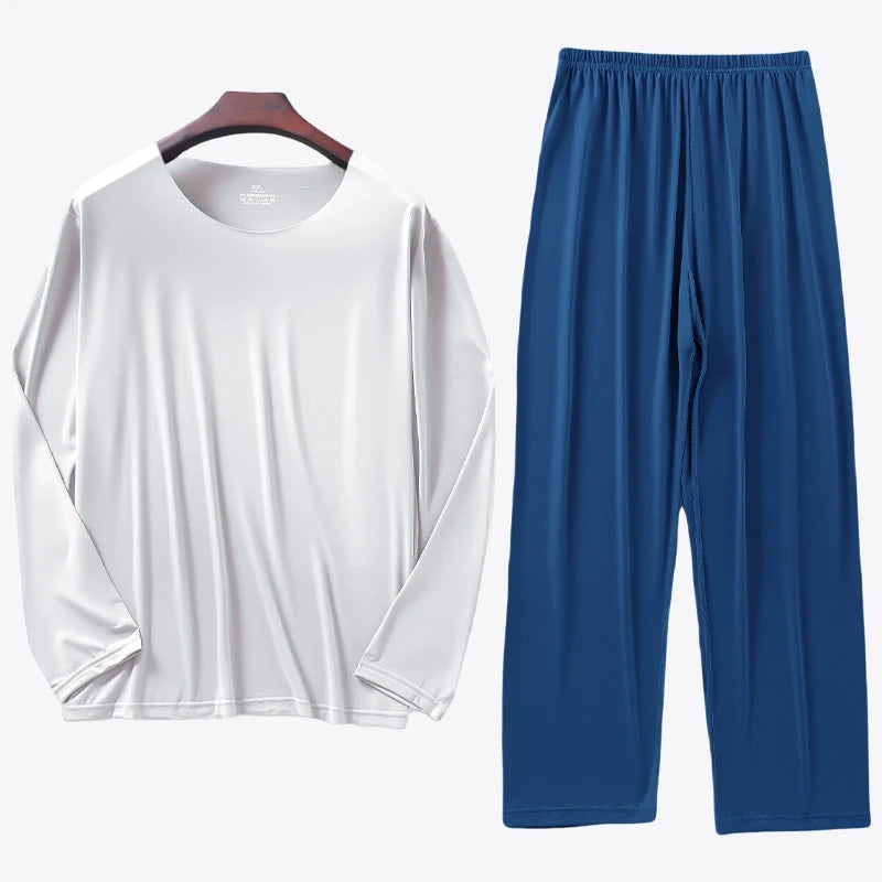 Men's Ice Silk Pyjama Set with Long Sleeve Top and Elastic Waist