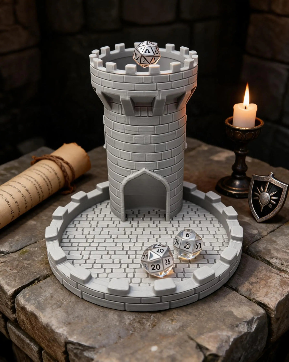 Castle Dice Tower with Tray – Light Gray