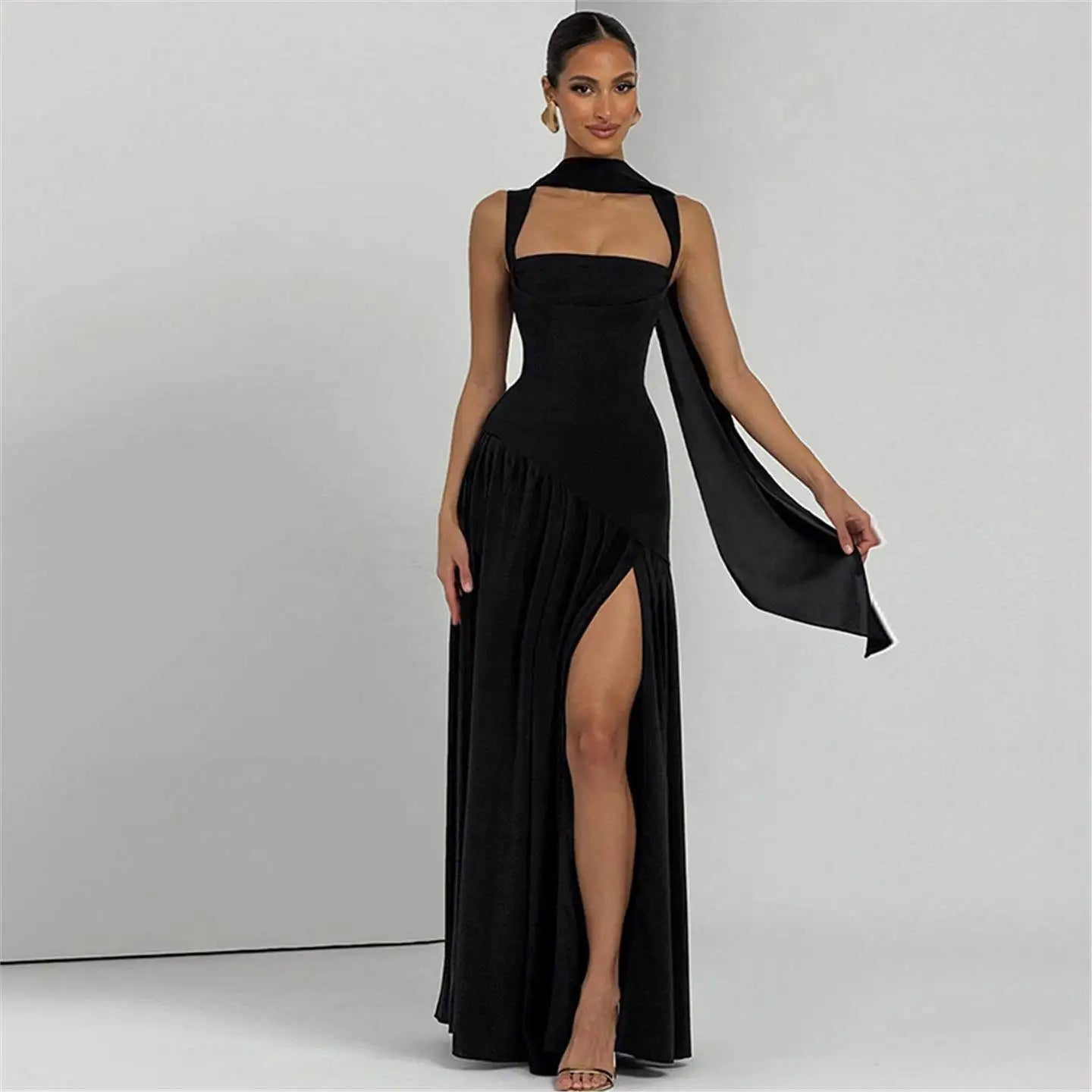 Elegant Sleeveless High Waist Slit Dress with Belted Sash