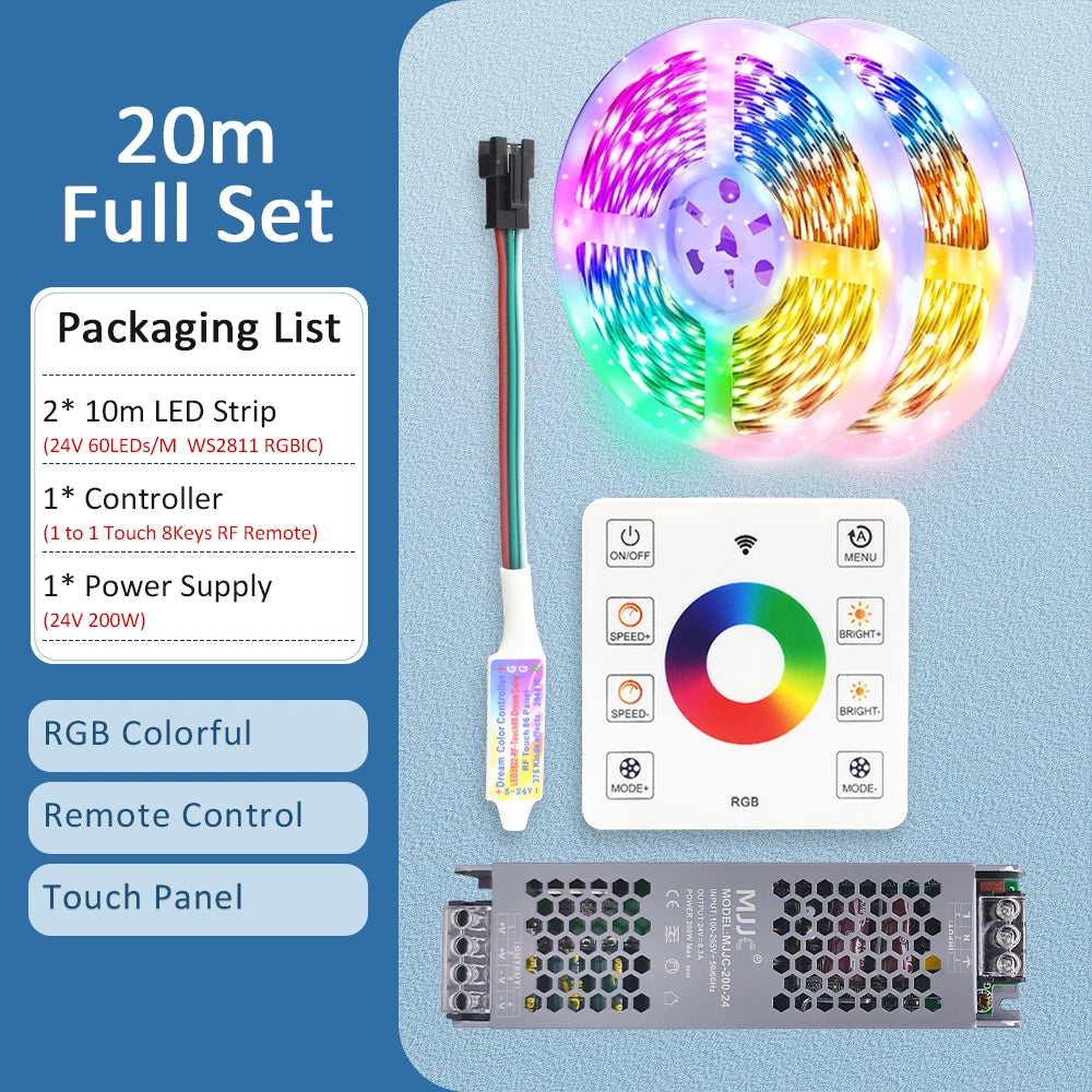 LED-stripe RGBIC 5050 24V WS2811 5M 10M 15M 20M RGB IC løpende vannstrømmende lys tape diodebånd romdekorasjonslampe