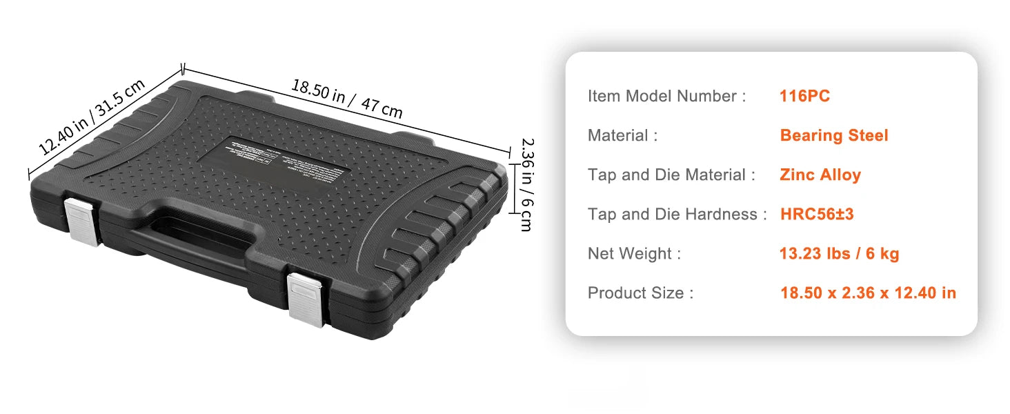 116-delige tap- en draadset met metrische en SAE-draadgereedschappen