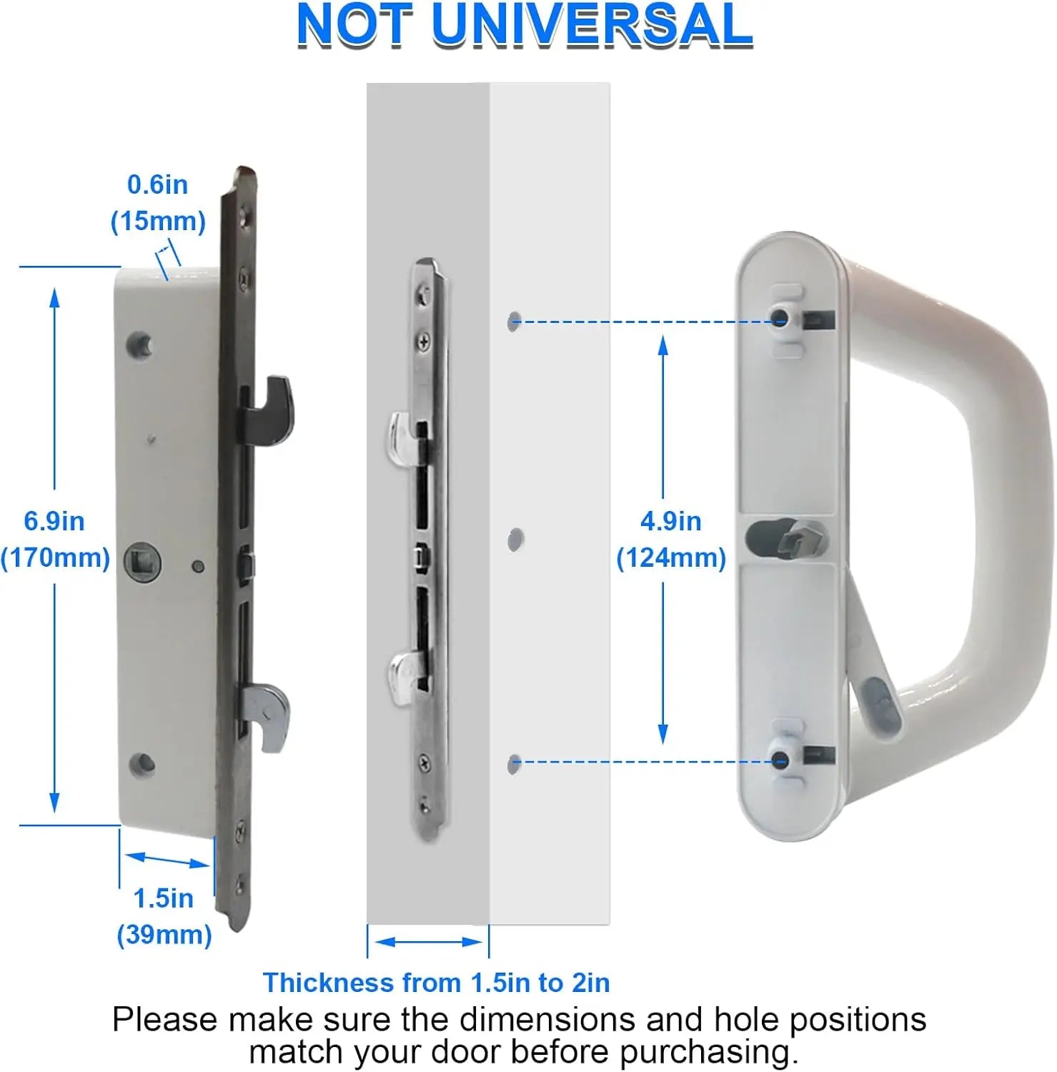 Sliding Patio Door Handle Set with Key Lock, Reversible Fit 1.5–2in