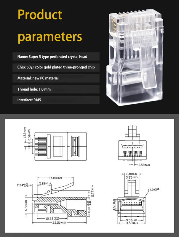 100pcs/lot RJ45 CAT6 CAT5e Pass Through Connectors Crystal End Gold-Plated 8P8C Crimp UTP Standard Ethernet Network Modular Plug