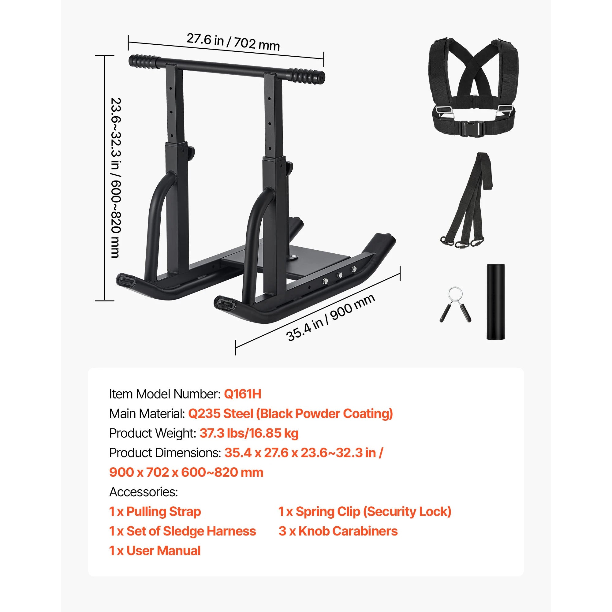SucceBuy Weight Sled Steel Power Sled Fitness Training Sleds for Exercise with Adjustable Height Handle with 1/2 in Orange/Black