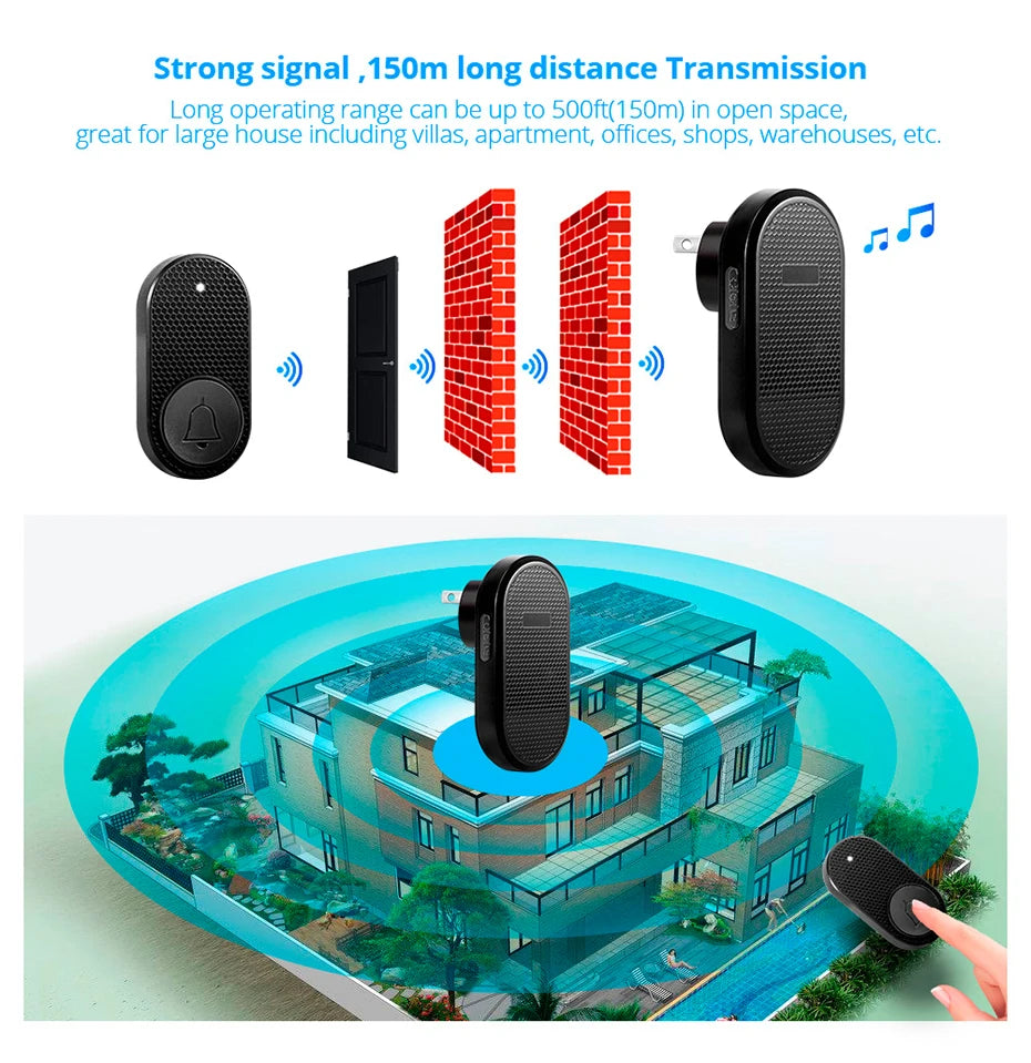 Wireless Doorbell with 33 Chimes, 4 Volume Levels, 150m Range