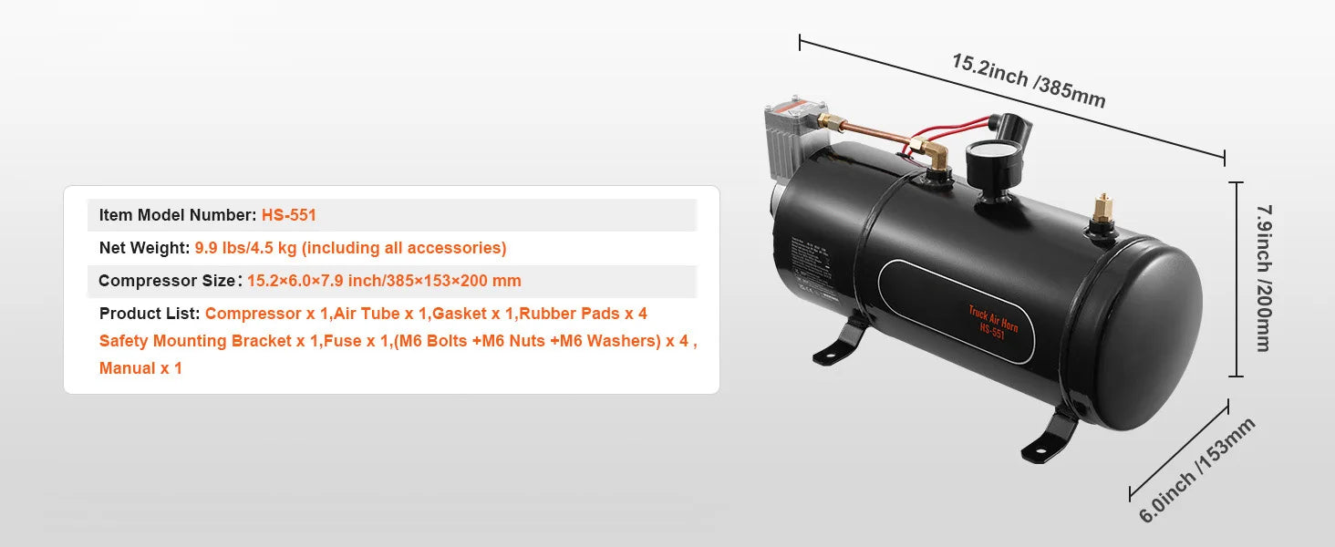 SucceBuy 12V Luftkompressor mit Tank 3/6L Zughupe Luftkompressorsystem 120psi für Zughupe/Reifenaufpumpen