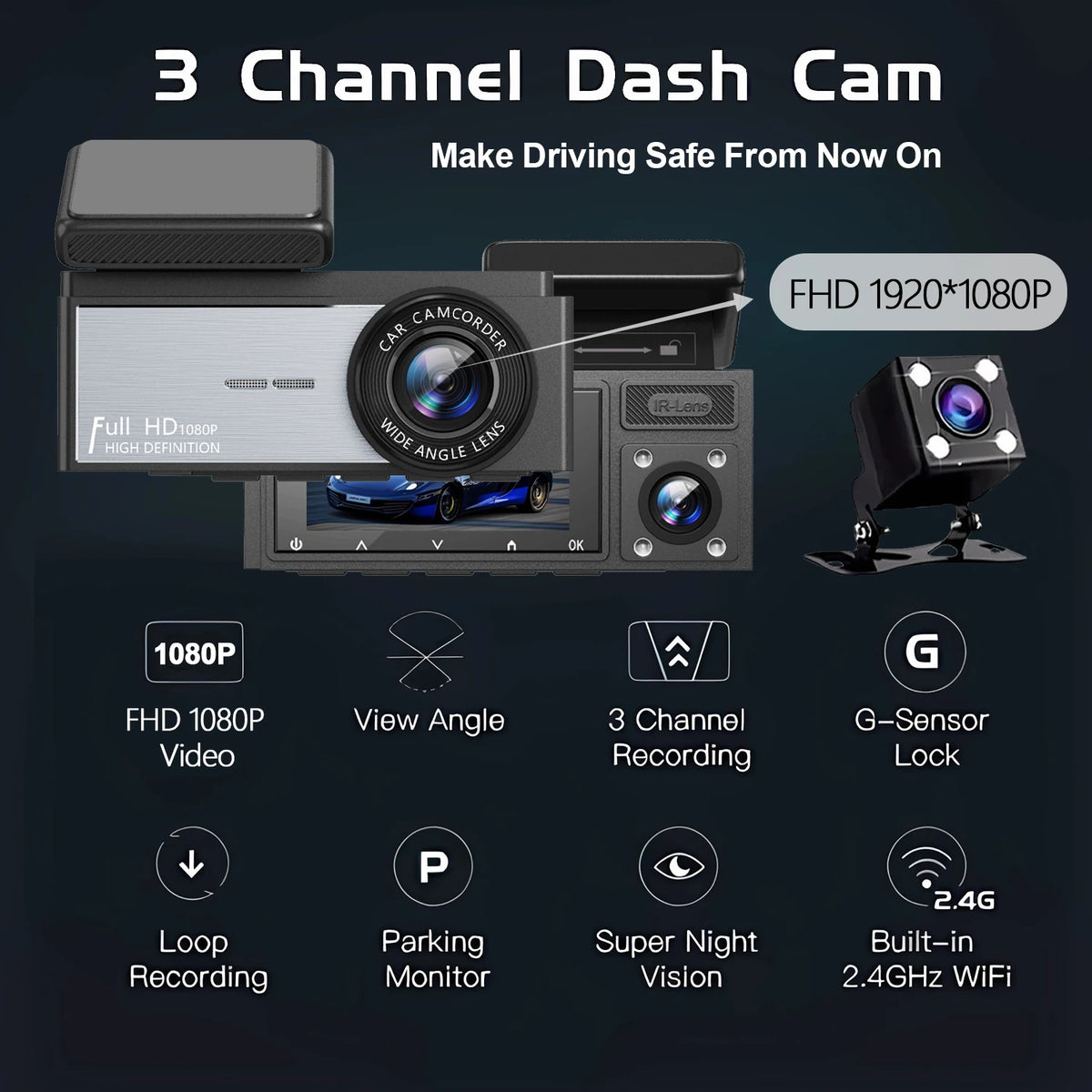 3-kanaals dashcam HD 1080P wifi, DVR voor in de auto, camera met drie lenzen, DVR-videorecorder, dashcam-camcorder