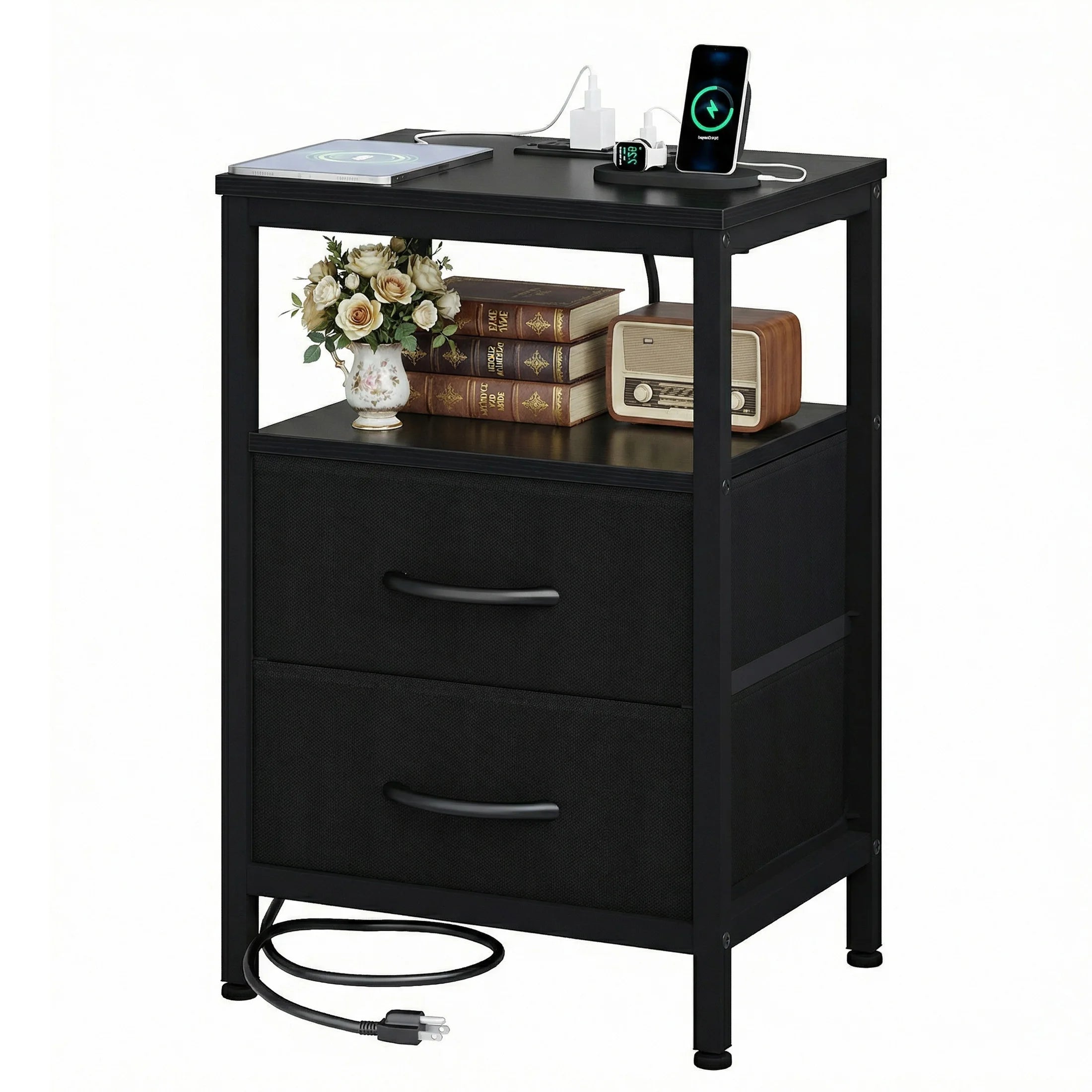 Nightstand with Charging Station, 2 Fabric Drawers & Shelf