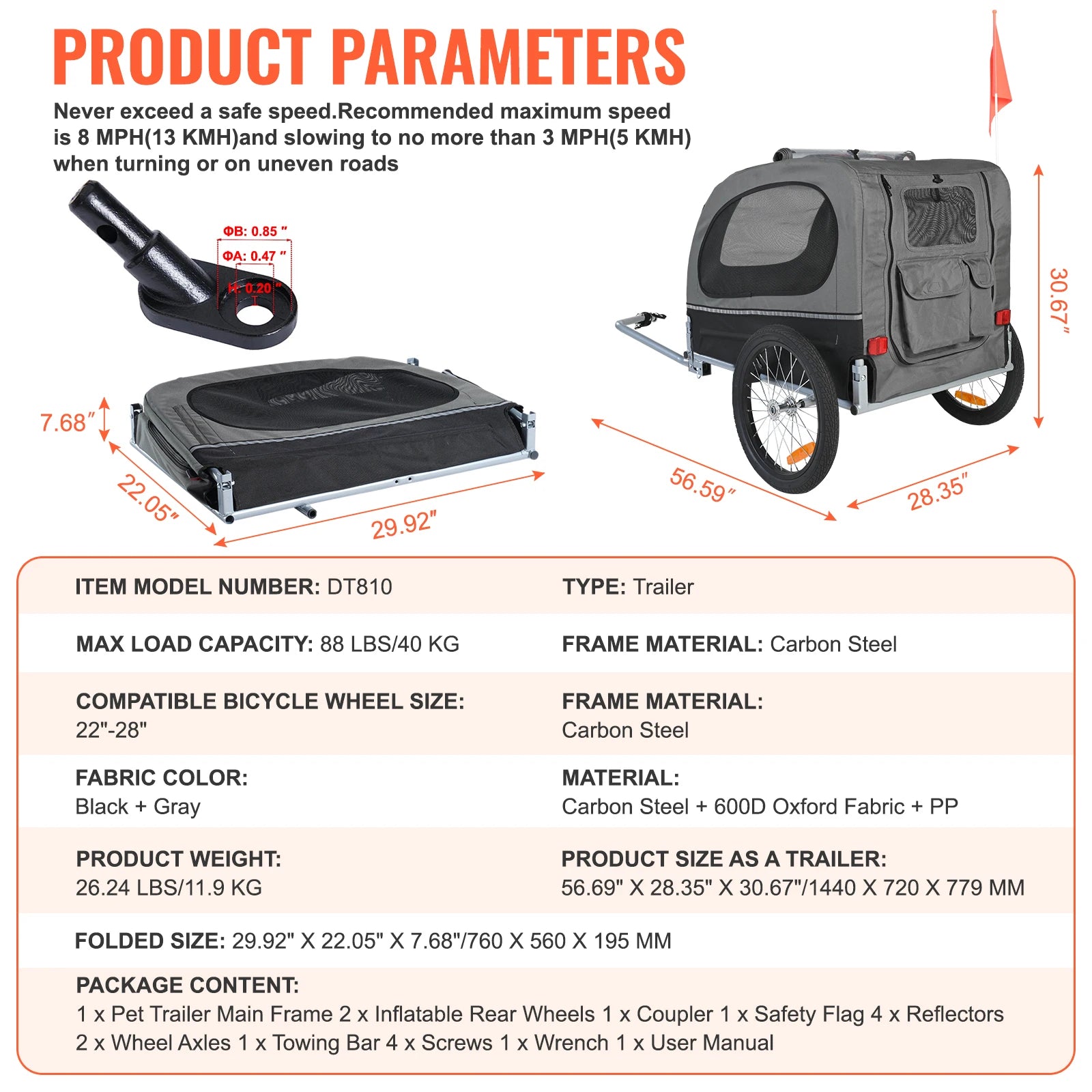 Remolque para perro SucceBuy de 88 lb, carrito de bicicleta para mascotas con ruedas, acoplador, reflectores, bandera, plegable para guardar para perros