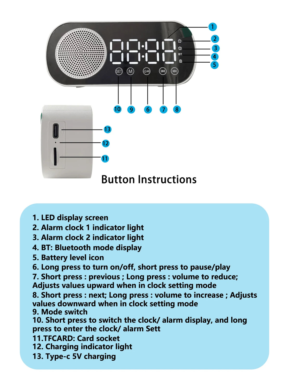 Bluetooth Speaker, Mirror-Faced Clock Alarm Clock Smart Speaker, Bass-Heavy FM Card Insertable Small Speaker