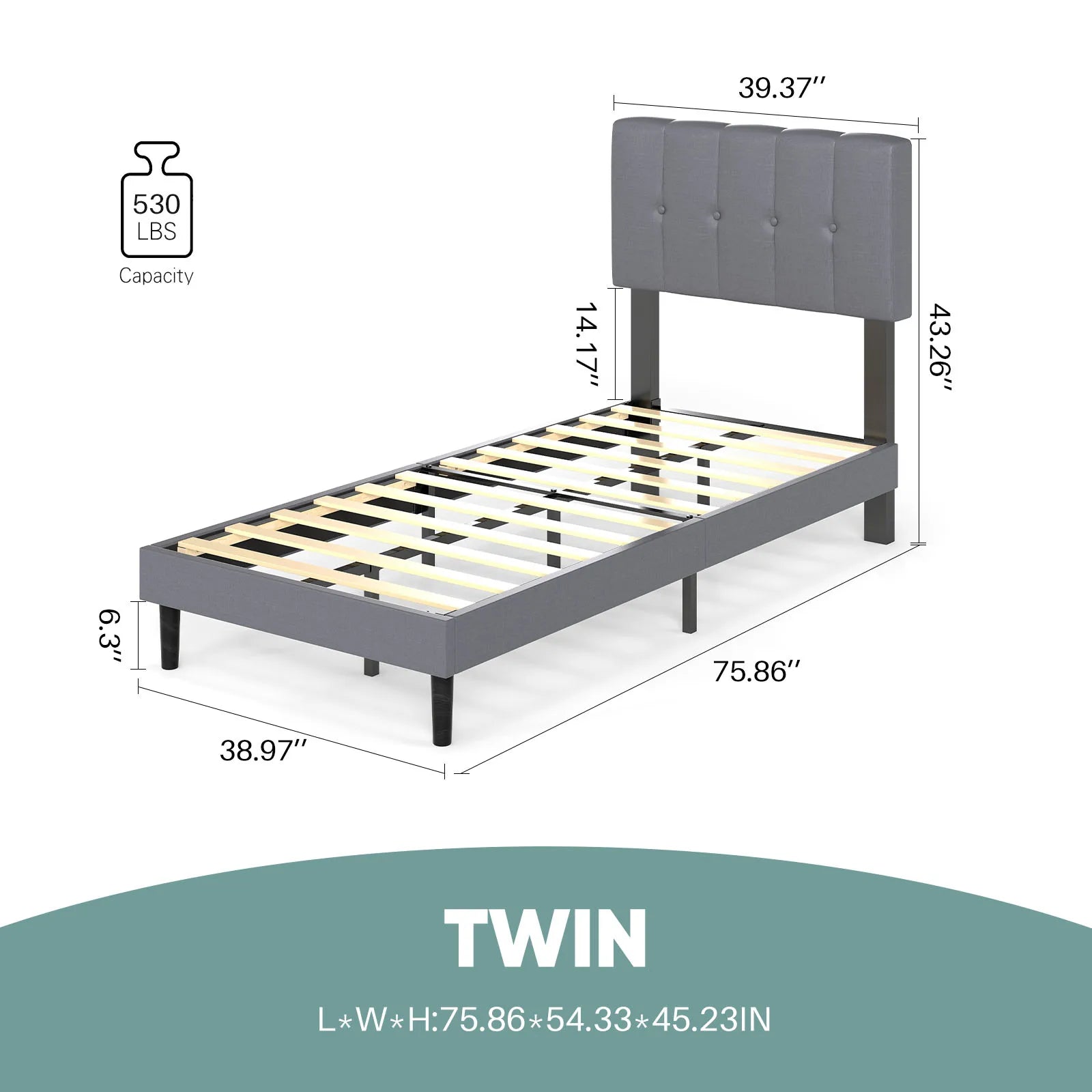 Wooden Upholstered Bed Frame with Adjustable Headboard, No Box Spring