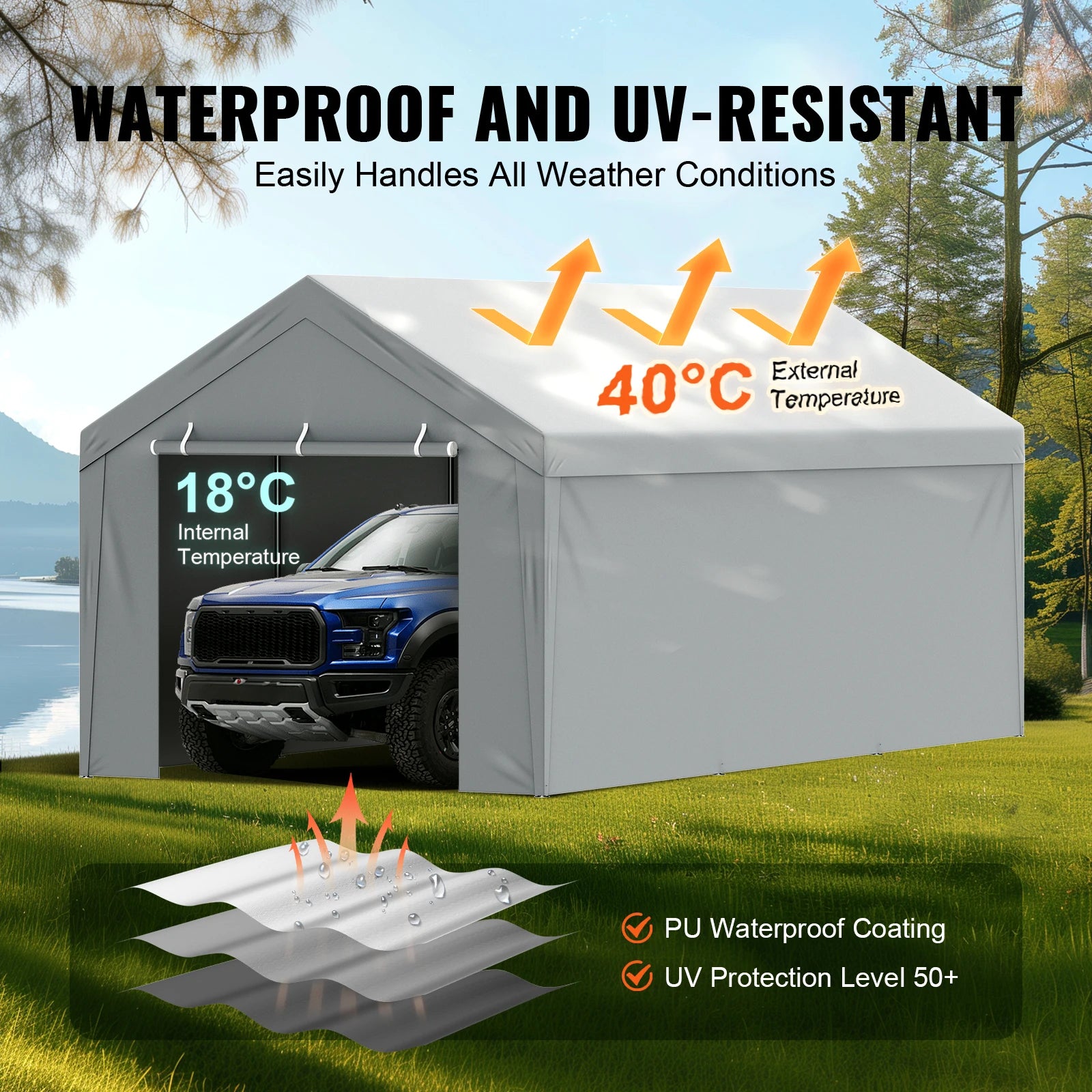 Cubierta de reemplazo para garita de coche Succ e Buy Carport Carport Replacement Cover Garage Top Tent Shelter Tarp Heavy-Duty Waterproof & UV Protected (Estructura no incluida)