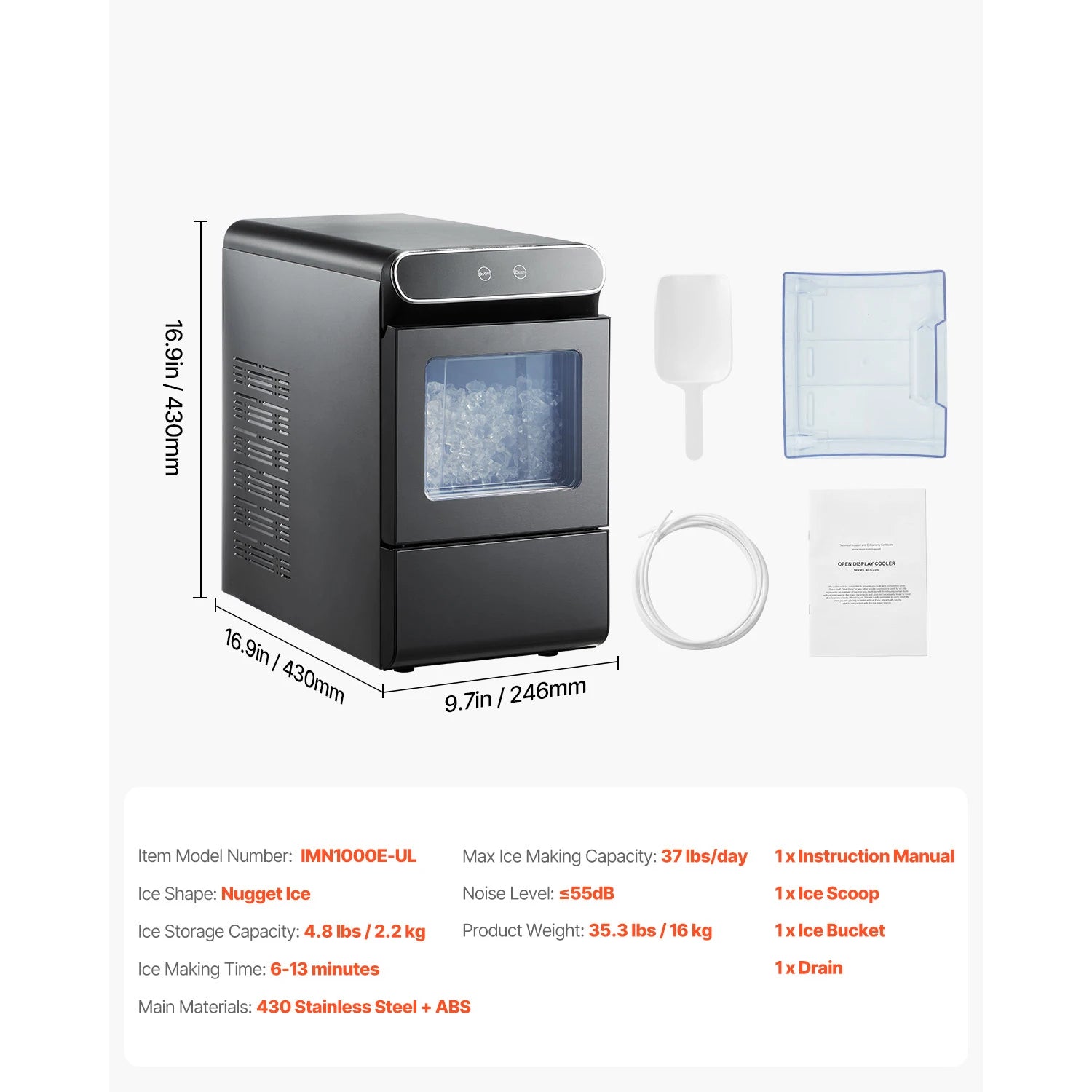 Nugget Ice Maker 37 lbs per Day with Self-Cleaning