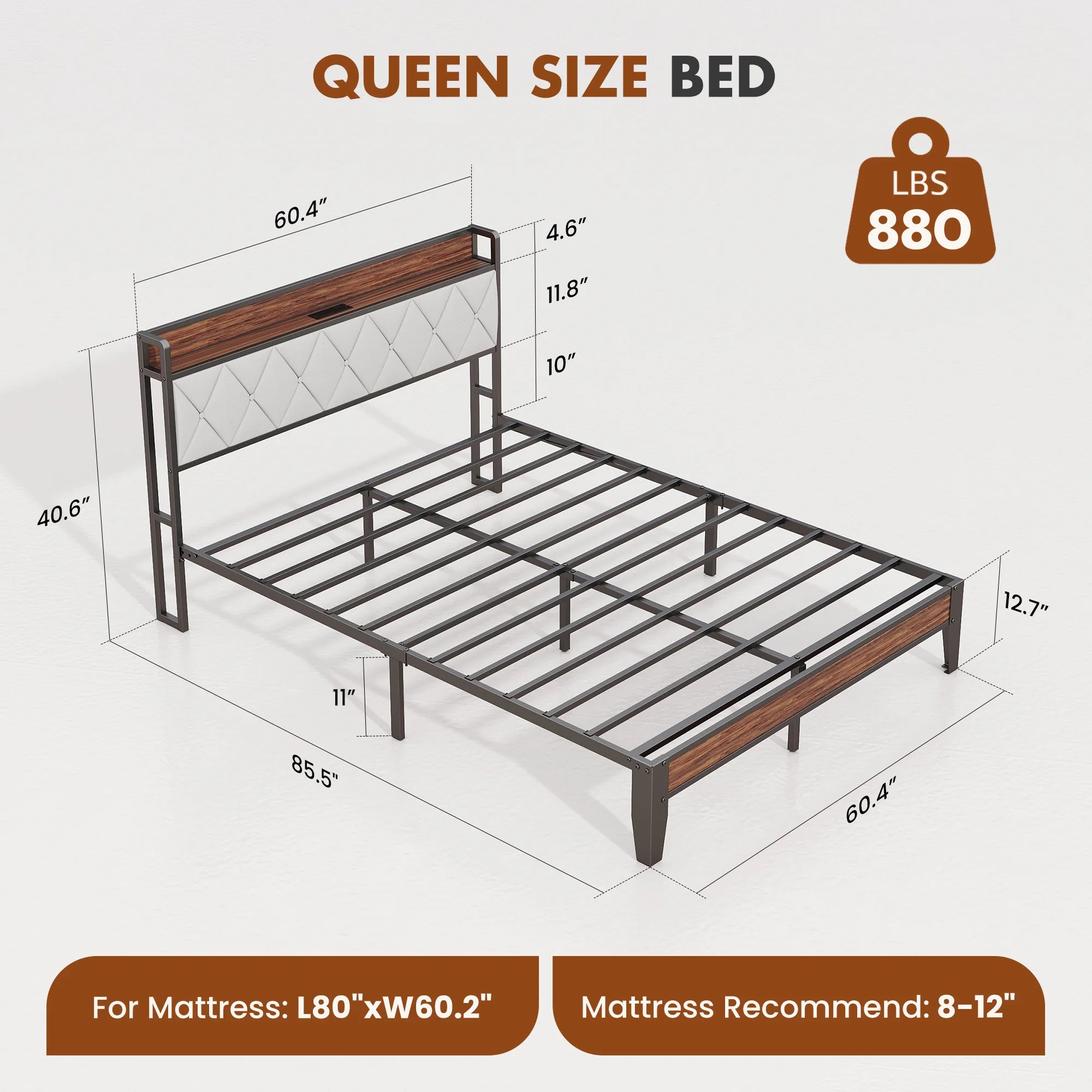 King Size Metal Bed Frame with Storage & Charging Headboard