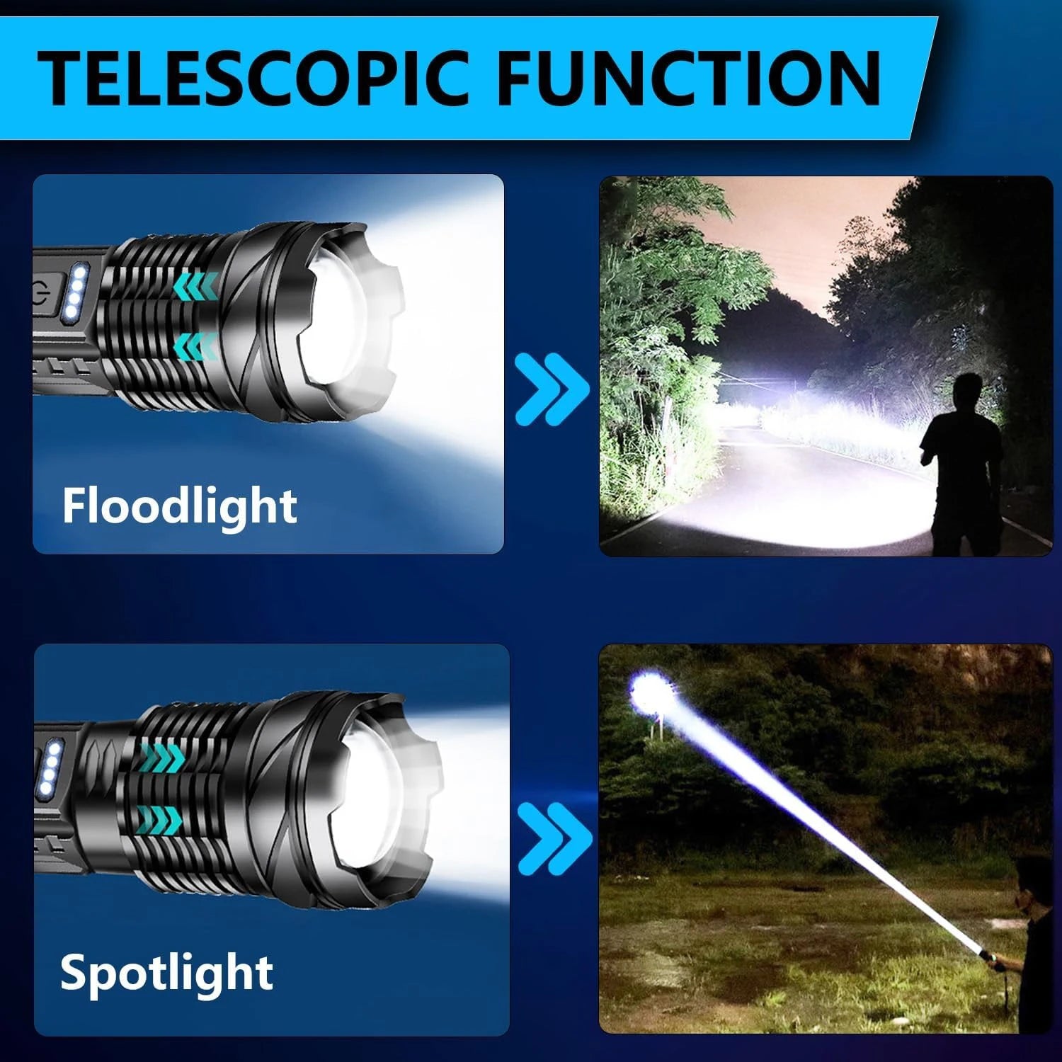 Lampe de poche LED rechargeable avec 7 modes et faisceau zoom réglable