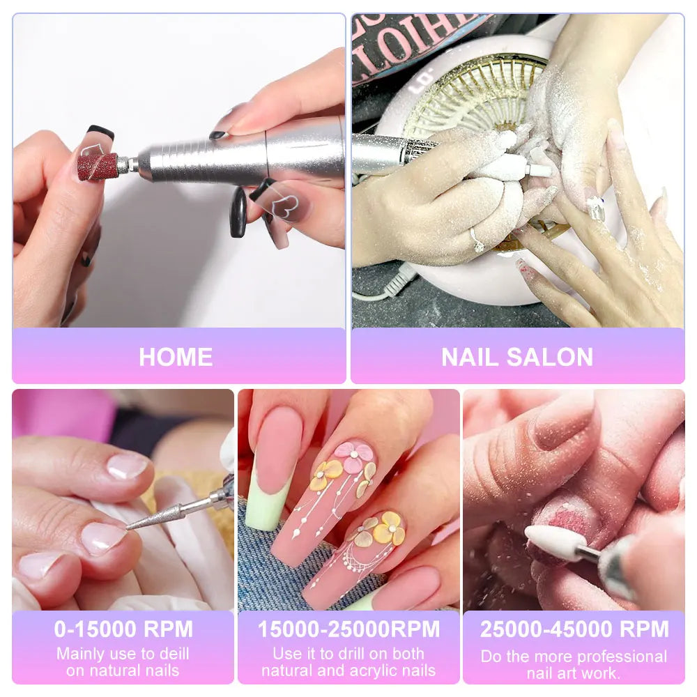 45000RPM Electric Nail Drill Machine Professional Nail Drills for Gel Nails Polish Rechargeable Portable Nail File Manicure Tool