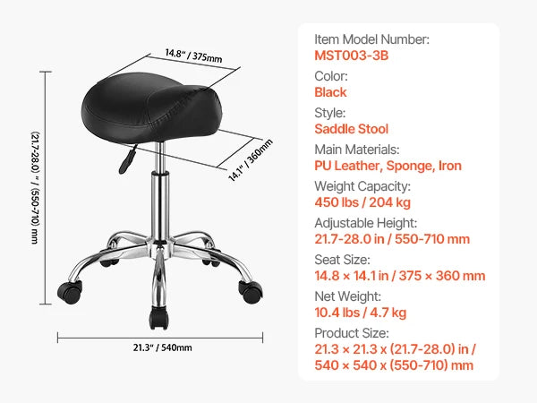 SucceBuy sedlo židle se kolečkami, nosnost 450 lb, výškově nastavitelná, ergonomická otočná sedací židle typu hřbetové sedlo pro kliniku, salón, tetování