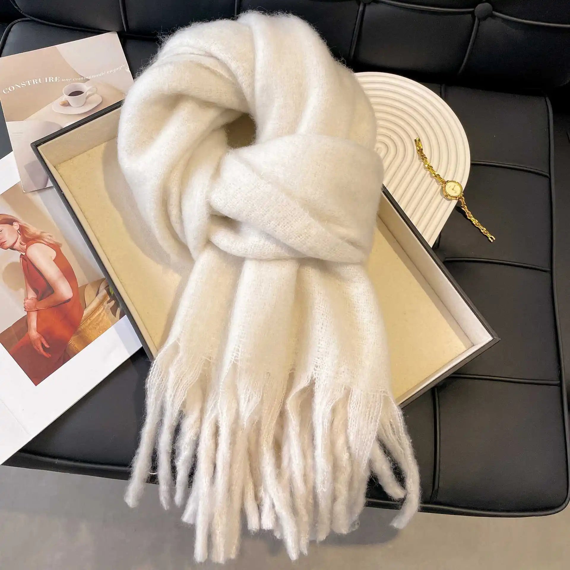 Kadın Bej Büyük Atkı – Kalınlaştırılmış Kış Şalı