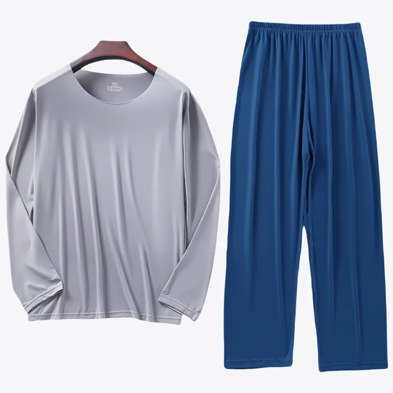 Men's Ice Silk Pyjama Set with Long Sleeve Top and Elastic Waist