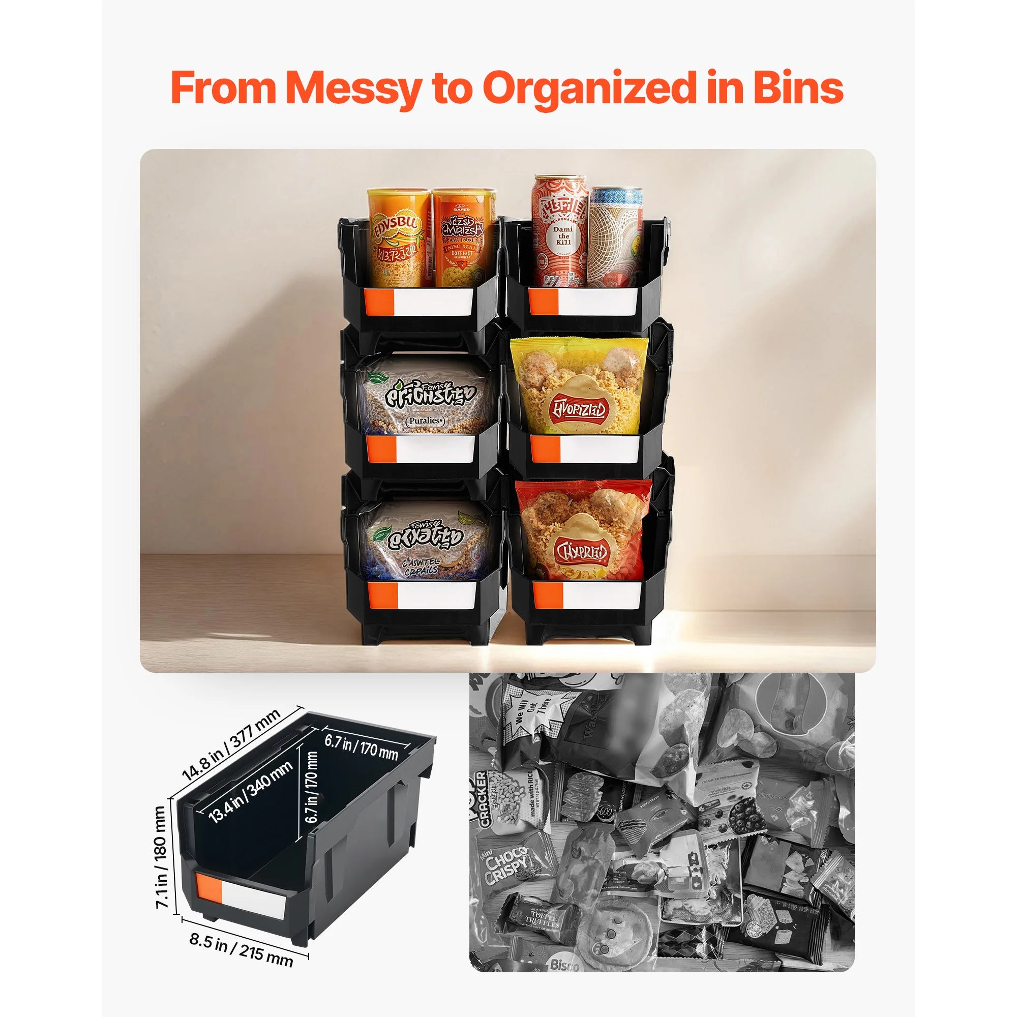 Stackable Storage Bins Set of 6 with Front Access Organizer Boxes