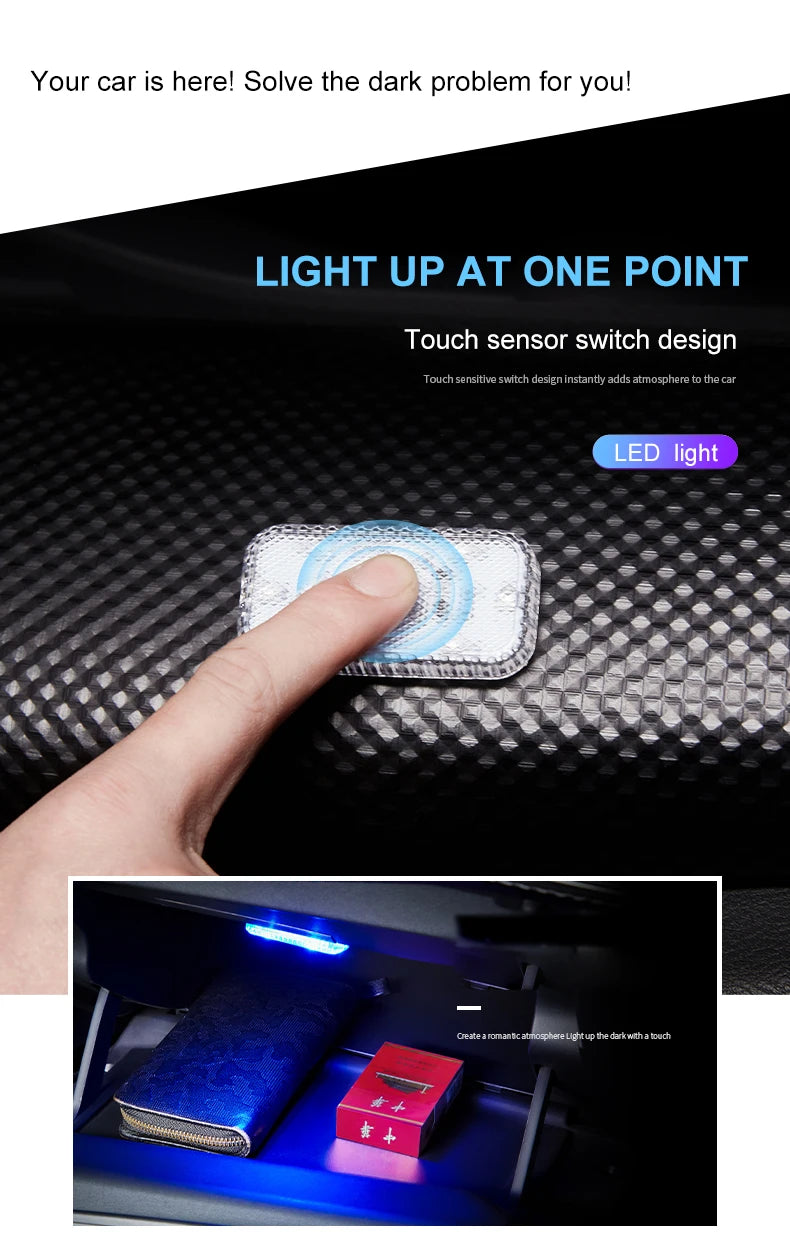 LED Touch Light Mini Wireless Car Interior Lighting Auto Roof Ceiling Reading Lamp for Trunk Storage Box USB Charging