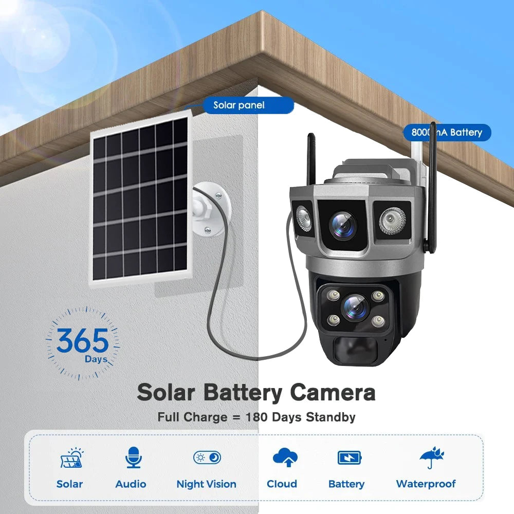 Dual Lens Three Screens WIFI Solar Camera 12MP 10X Zoom CCTV Outdoor Automatic Tracking Humanoid Detection Support PTZ IP66 Cam