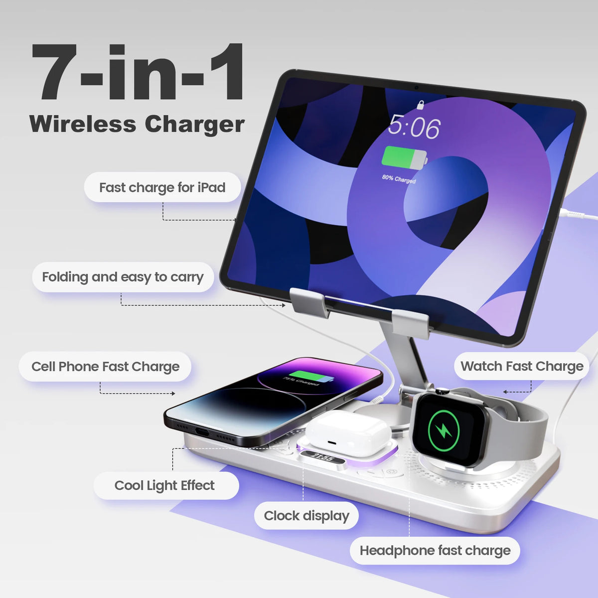7-in-1 Wireless Charger Stand Pad, 15W Fast Charging
