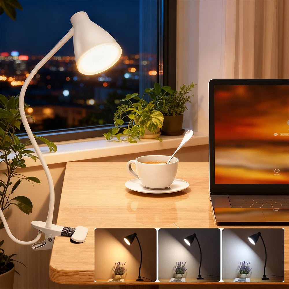 Clamp Desk Lamp, Clip on Reading Light, 3000K-6500K Adjustable Color Temperature Eye-Caring for Home Office Bedside Reading