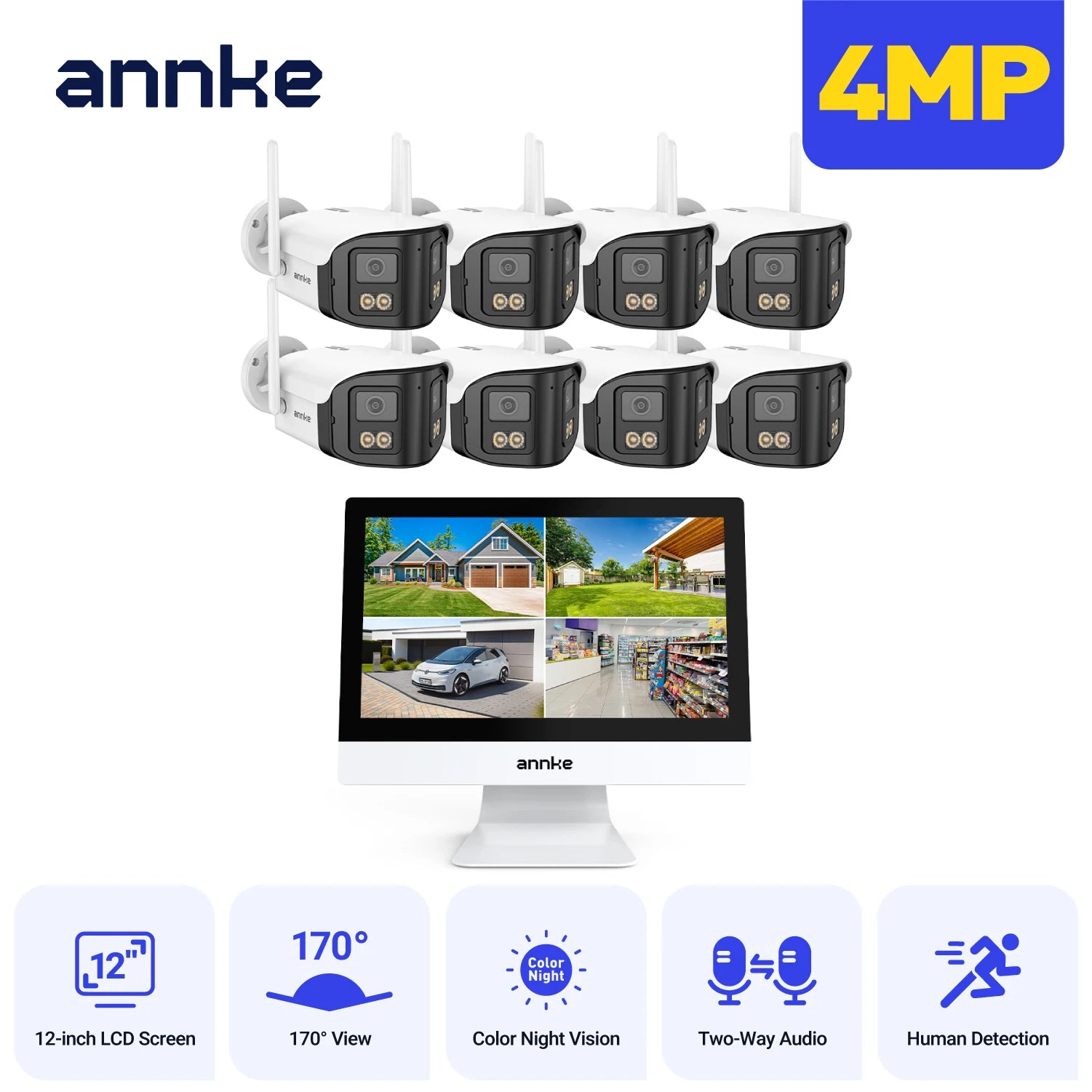 ANNKE 12" LCD Wireless NVR Kit with Dual-Lens 4MP Cameras