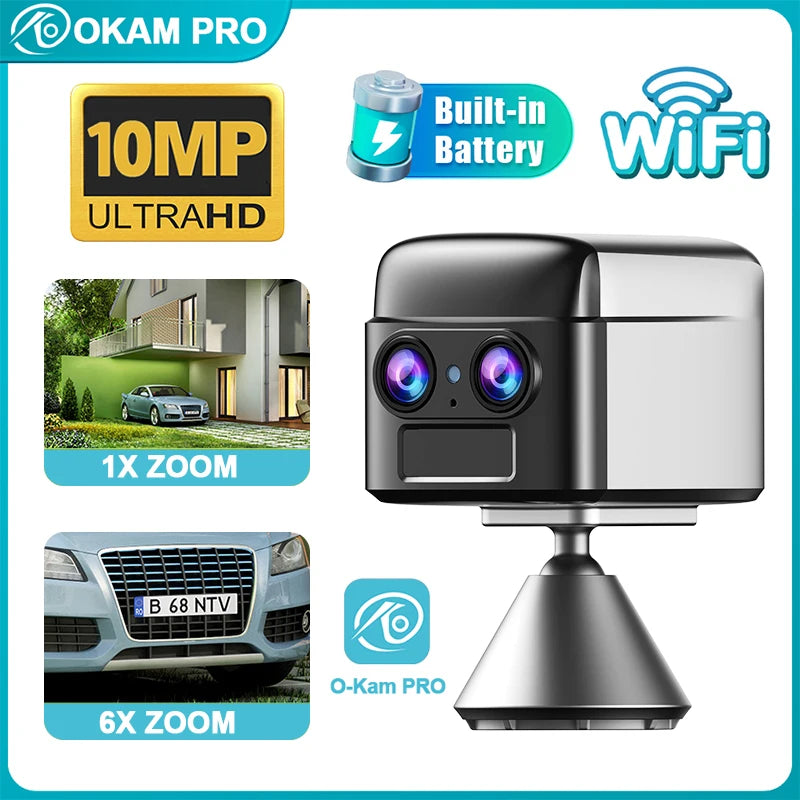 OKAM PRO WIFI MINI Double objectif HD 10MP Zoom 6X Caméra 4G SIM With Two-Way Talk Vision nocturne Détection de mouvement PIR Caméra de sécurité étanche
