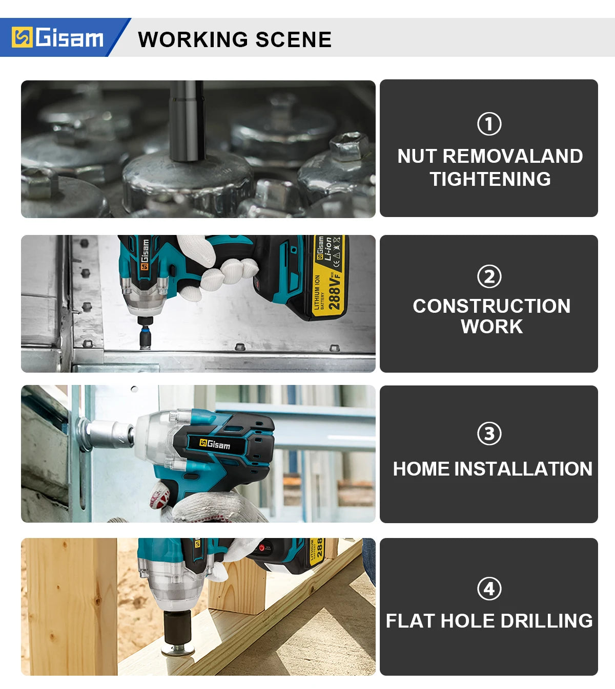 Gisam 520N.M Brushless Electric Impact Wrench for Makita 18V