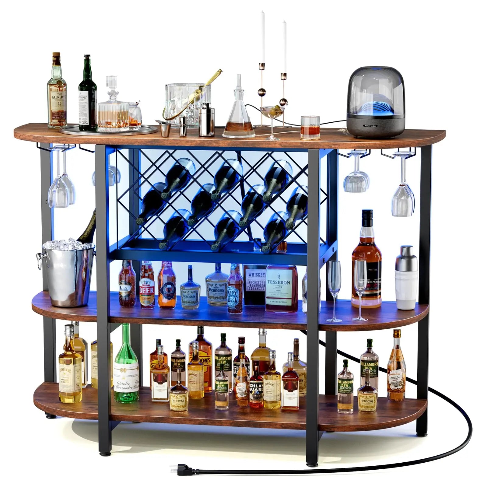 LED Bar Cabinet with Storage, Charging Station & Wine Rack
