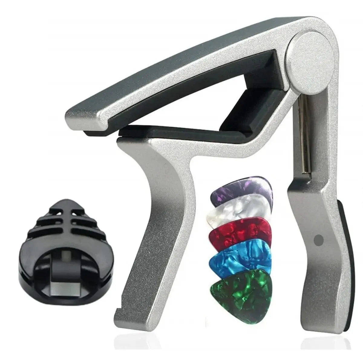 Set di capotasto per chitarra con cinque plettri e supporto