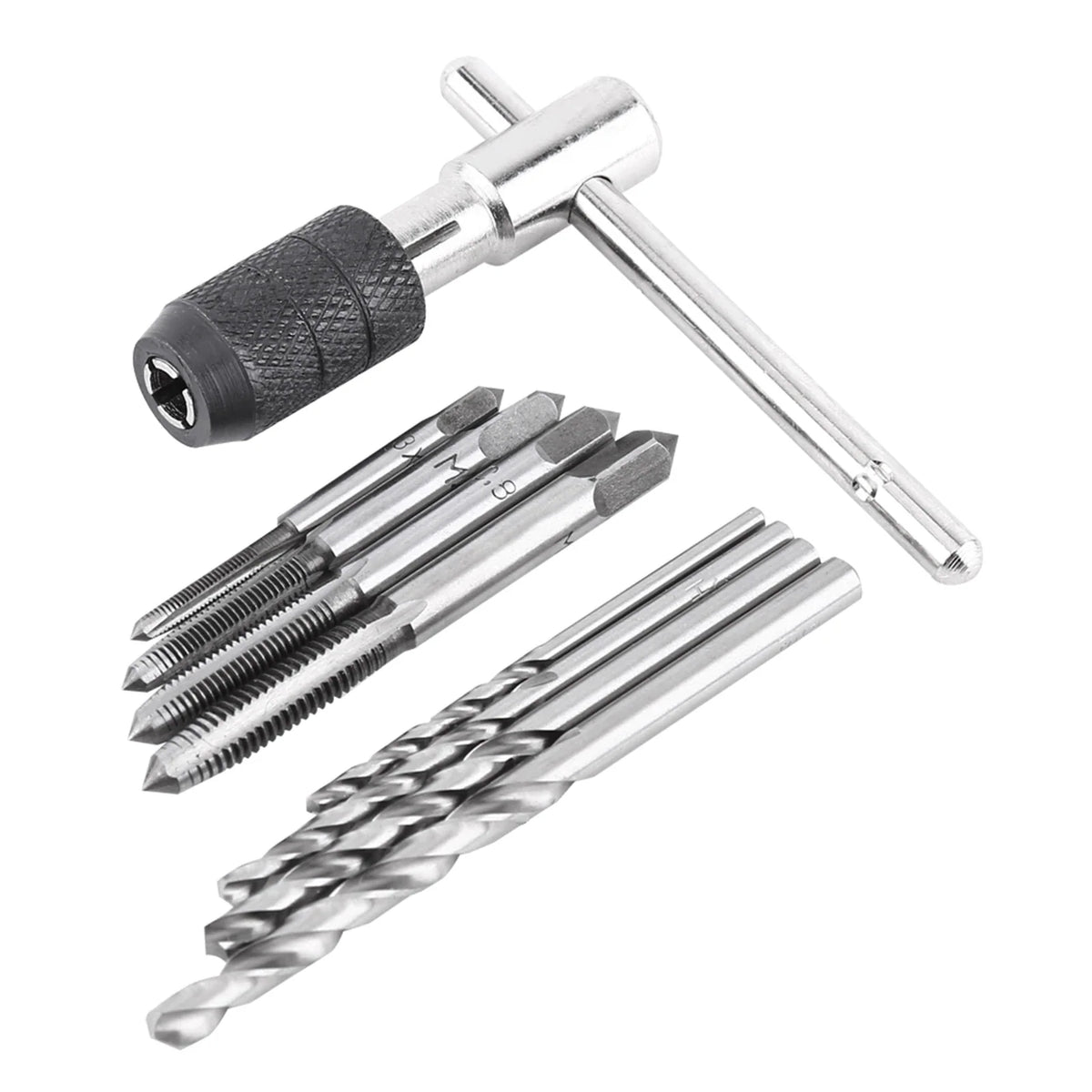 Nine-piece hand tapping set with T-handle, four taps and four drill bits