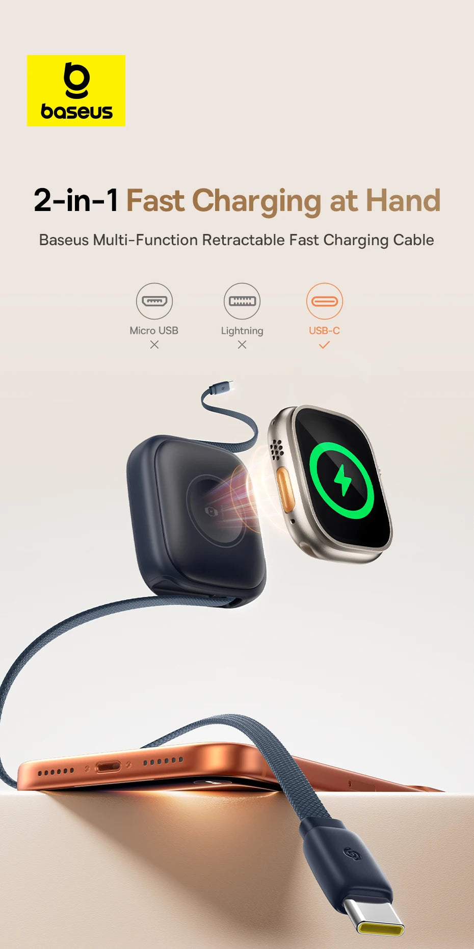 100W Retractable USB-C Fast Charging Cable with Magnetic Design